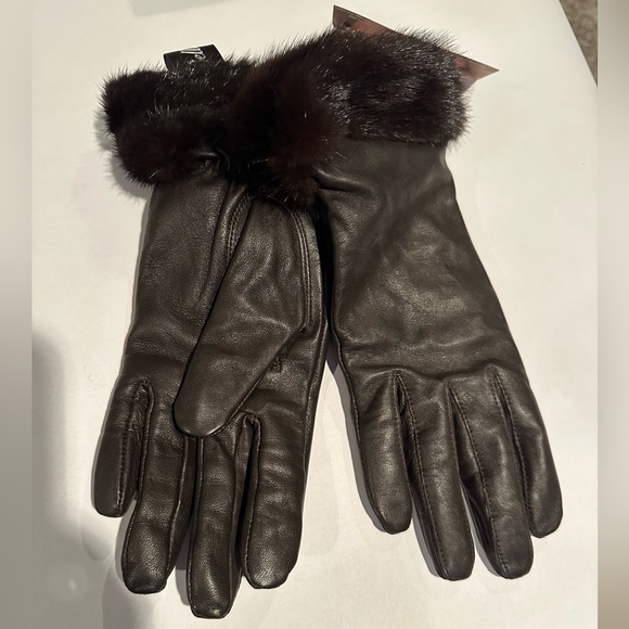 Women’s gloves brown Lambskin,  Cashmere lined, mink trim  NWT size M - Picture 2 of 3